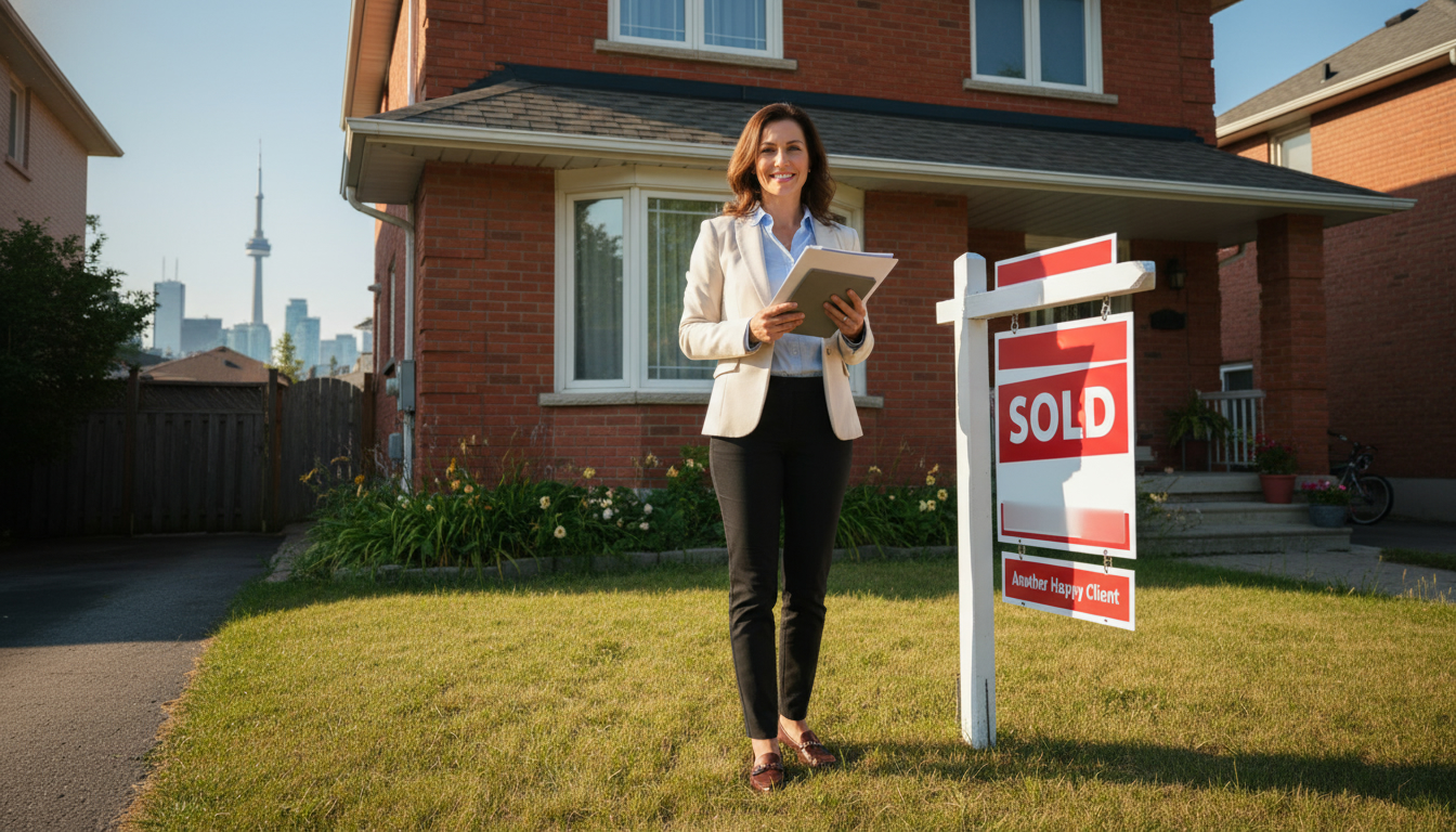 Realtor in front of an inherited home with Sold sign and Toronto skyline