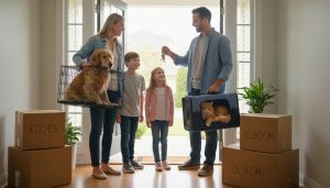 Family moving into new home with dog and cat in carriers, moving boxes and realtor handing keys