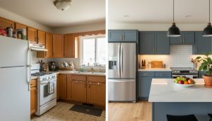 Split-screen before-and-after kitchen remodel showing worn kitchen versus updated mid-range remodel with new counters and lighting.