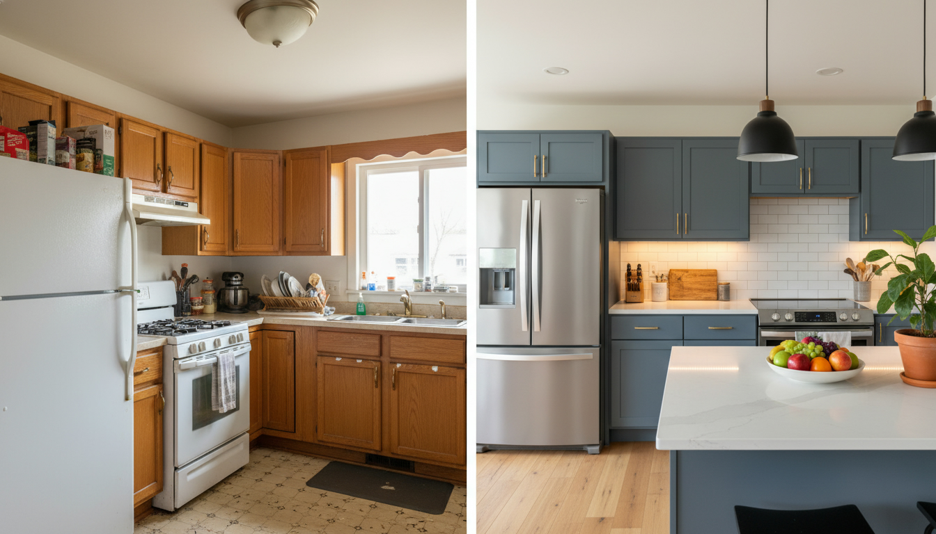 Split-screen before-and-after kitchen remodel showing worn kitchen versus updated mid-range remodel with new counters and lighting.