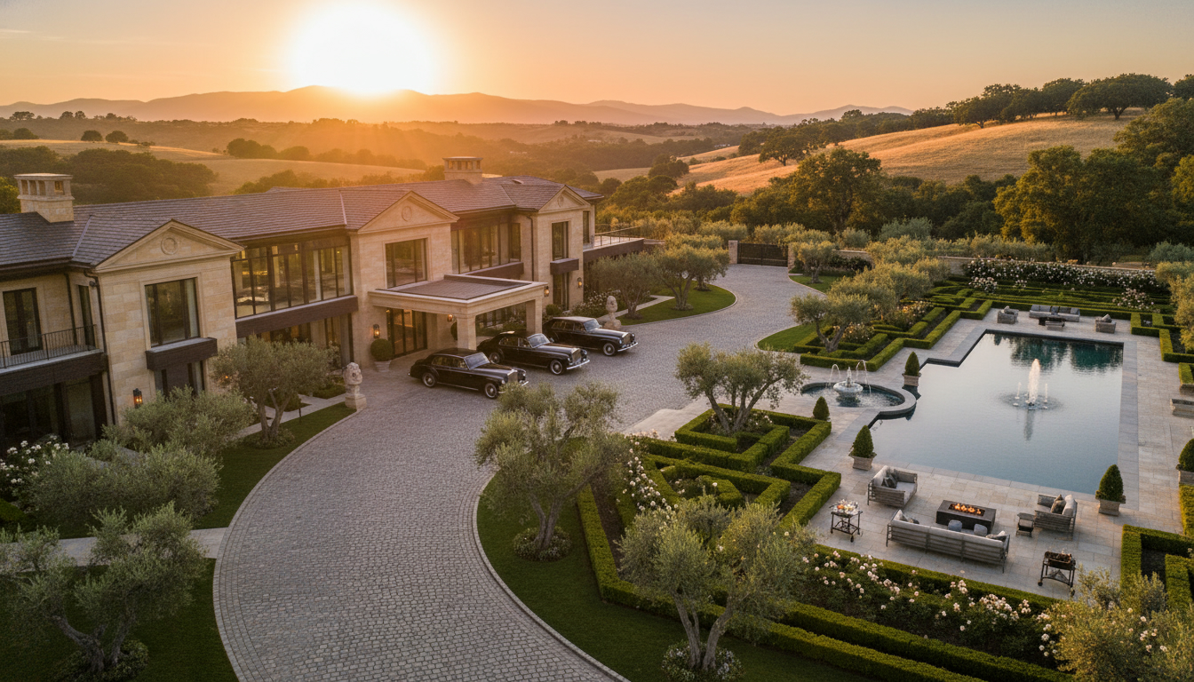 Luxury estate home at golden hour with manicured gardens and grand entrance, photographed from a drone perspective