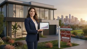 Agent with tablet and refreshed For Sale sign in front of modern house during golden hour