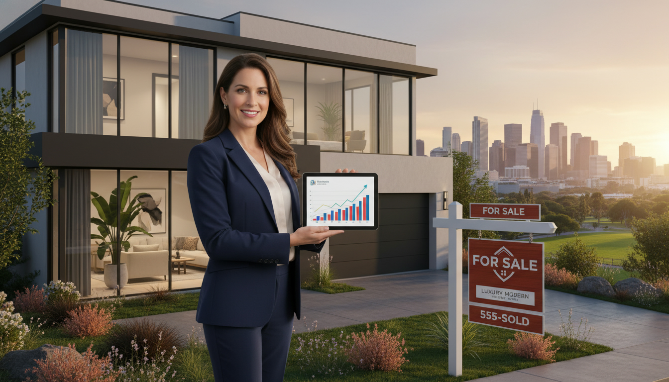 Agent with tablet and refreshed For Sale sign in front of modern house during golden hour