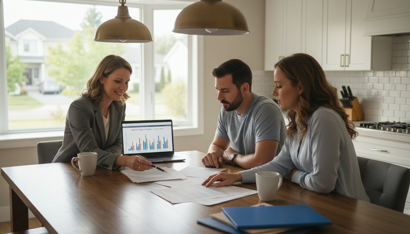 Realtor advising family negotiating offers on a parent's home at a kitchen table with offer documents and laptop