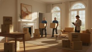 Staged living room after decluttering with movers and realtor reviewing boxes