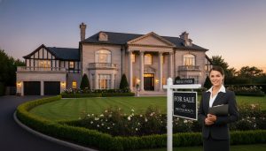 Multi-generational family estate home with for sale sign and realtor holding documents.