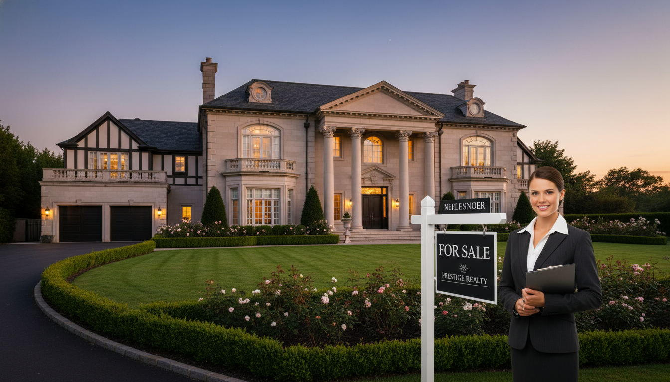 Multi-generational family estate home with for sale sign and realtor holding documents.