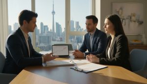 Realtor renegotiating a contract at a table with clients, inspection report and contract visible