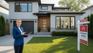 Realtor with tablet outside a staged suburban home while homeowners tidy inside during showings