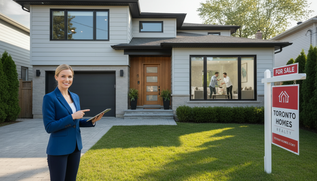 Realtor with tablet outside a staged suburban home while homeowners tidy inside during showings