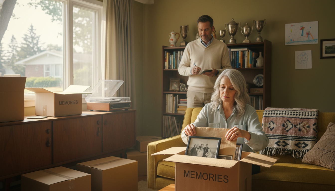 Person packing family photos in a childhood home while a friendly realtor stands nearby