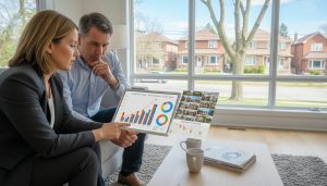 Realtor presenting a Comparative Market Analysis with charts and property photos