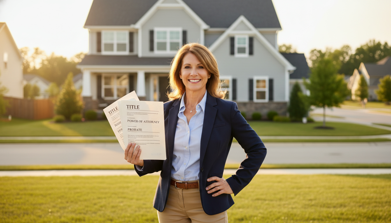 Realtor holding legal paperwork outside a suburban home labeled title and probate documents
