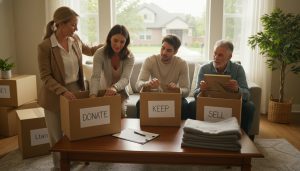 Adult children and a realtor sorting personal belongings into labeled boxes in a tidy suburban home.