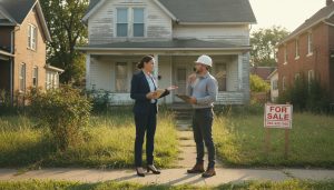 Realtor discussing sale strategy in front of a run-down family home with contractor