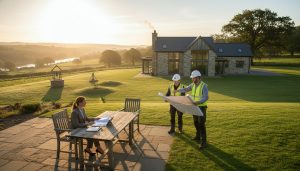 Inspector and real estate agent reviewing inspection reports at a luxury rural farmhouse with well pump and septic field visible.