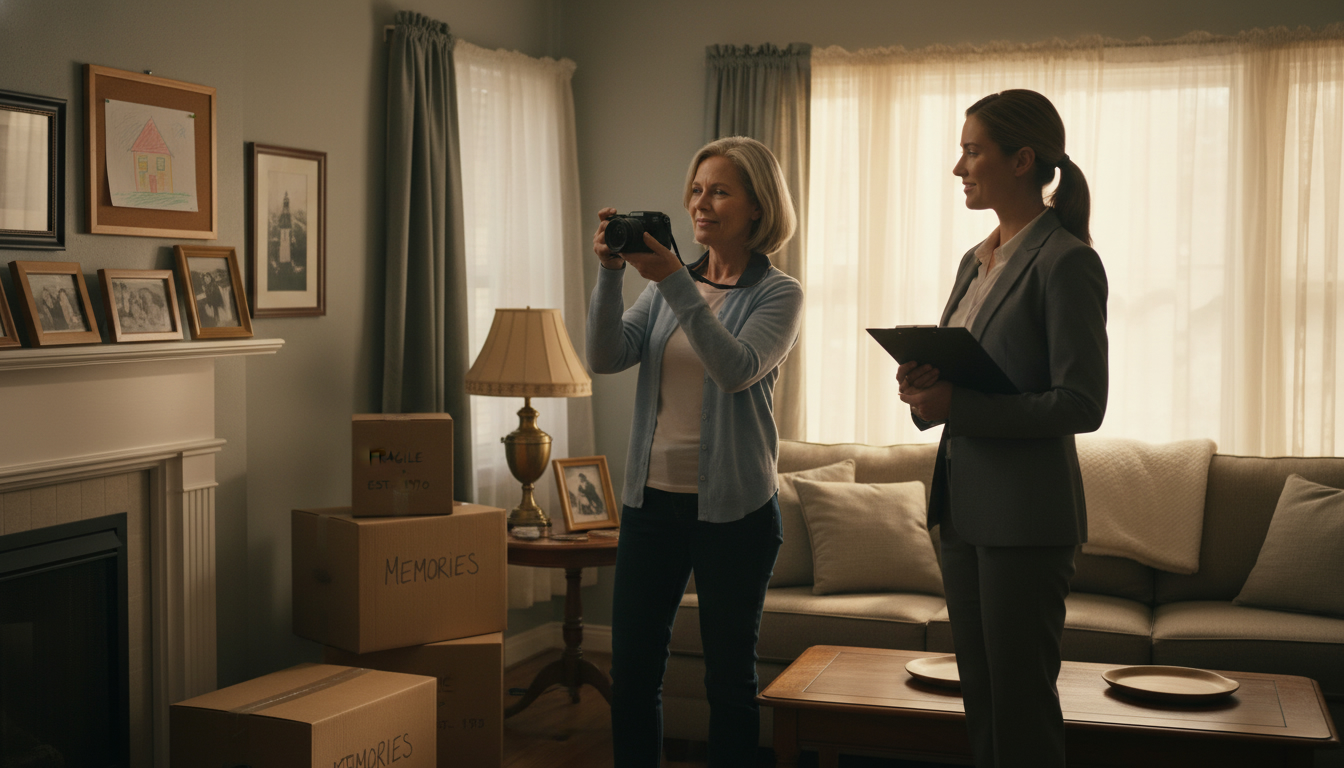 Person photographing a childhood home's living room with a realtor nearby, moving boxes labeled 'memories' and warm light.