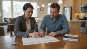 Real estate agent and buyer reviewing a property disclosure statement at a kitchen table