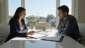 Realtor discussing counteroffer with homeowner over contract at table