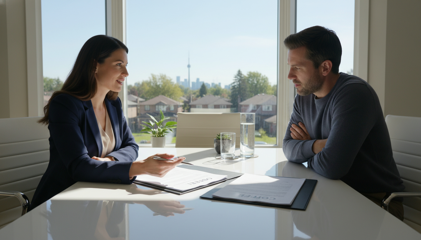 Realtor discussing counteroffer with homeowner over contract at table