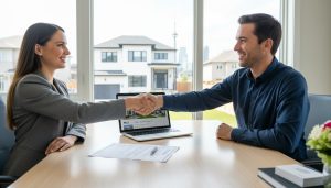 Real estate agent and homeowner shaking hands over a signed seller’s representation agreement with house visible in background