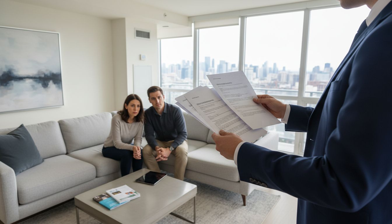 Realtor showing condo paperwork labeled 'Special Assessment' to prospective buyers in a modern condo
