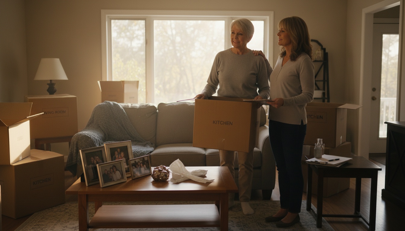 Older couple downsizing with a supportive realtor in a bright living room, packing boxes and preserving memories.