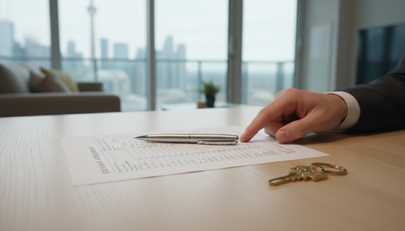Statement of Adjustments document on table with pen and house key, realtor pointing at numbers
