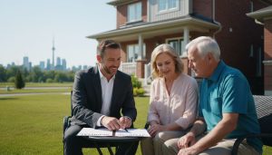 Realtor discussing tax paperwork with family in front of suburban home in Canada