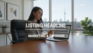 Real estate agent reviewing listing headline designs on a laptop in a modern office with Toronto skyline in background