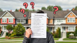 Person holding list in front of houses, confused.