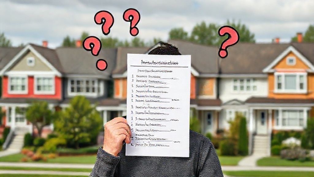 Person holding list in front of houses, confused.