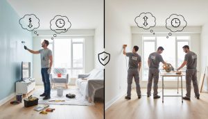 Split image: homeowner doing DIY renovations on left and professional contractor team working on right in a modern home