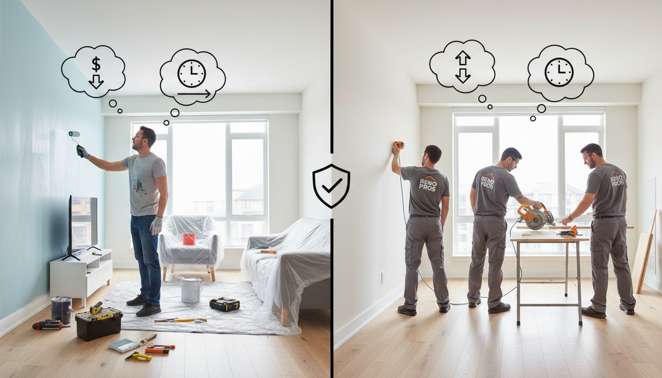 Split image: homeowner doing DIY renovations on left and professional contractor team working on right in a modern home