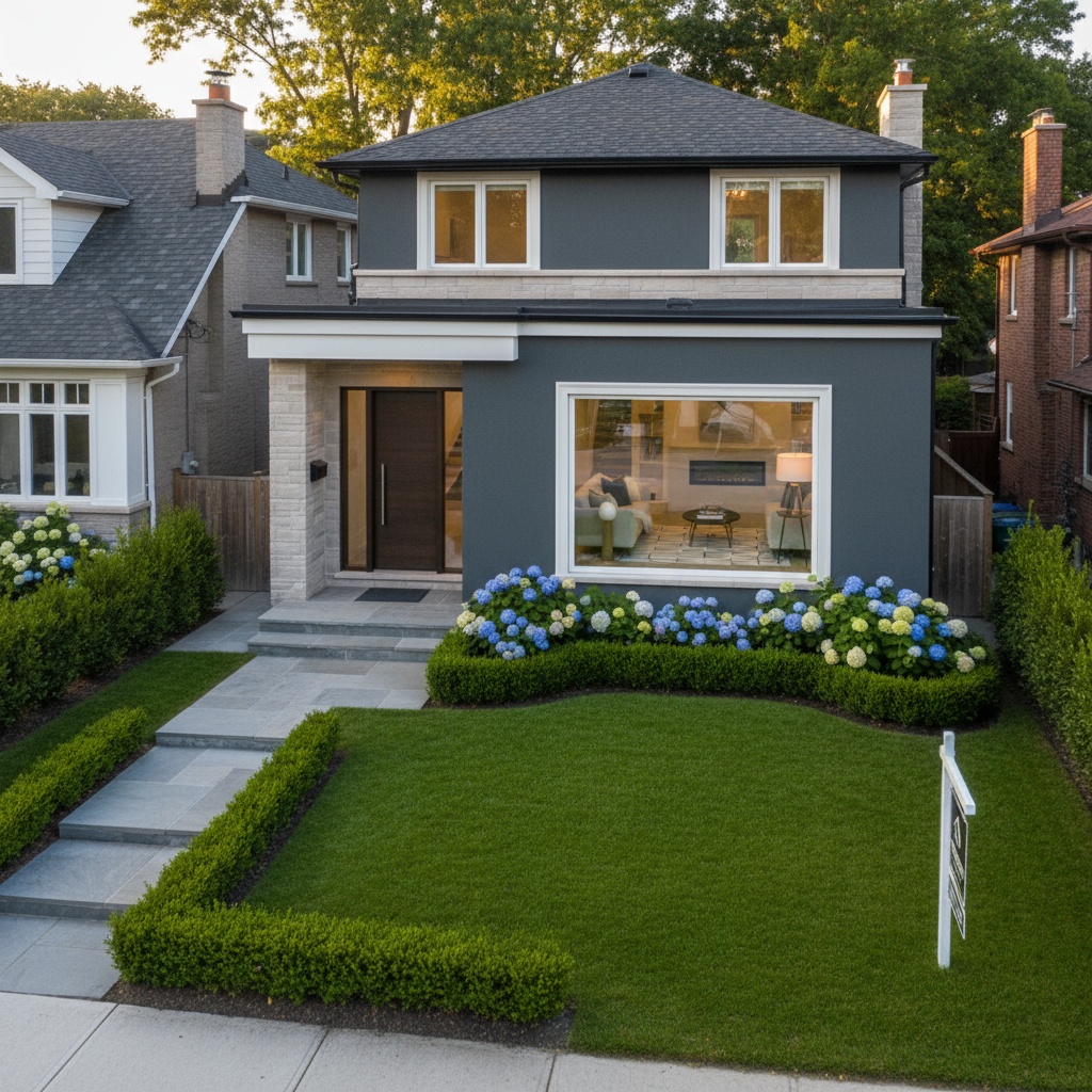 Modern house with upgraded curb appeal and staged interior visible through window