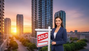 Mississauga condo tower near Square One with realtor holding a sold sign
