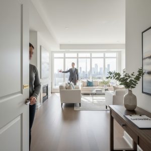 Homeowner locking a bedroom door while realtor shows a staged living room during a home showing.