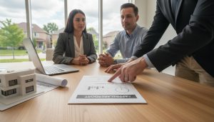 Realtor pointing at an appraisal report on a table during negotiation between buyer and seller