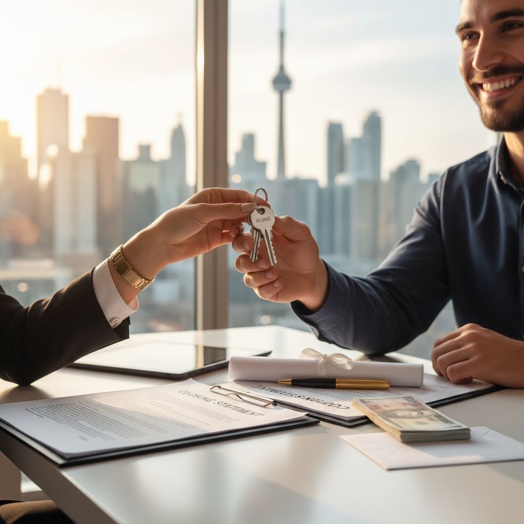 Realtor handing keys and a signed closing statement to a client in an office with Toronto skyline visible.