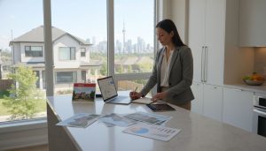 Realtor reviewing home value data on a laptop and tablet with sold-home photos and charts on a kitchen table