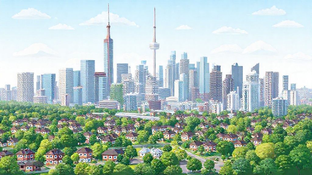 Modern city skyline with lush green suburbs.