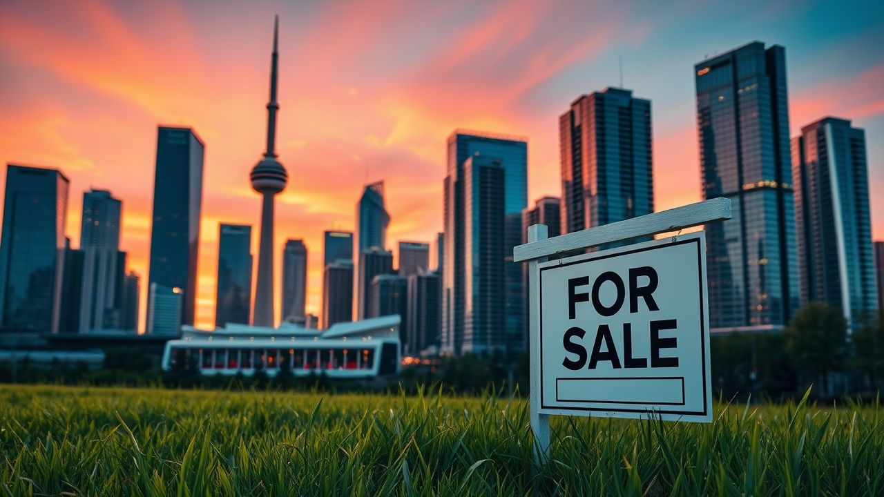 City skyline with for sale sign at sunset.