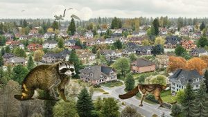 Giant animals in suburban landscape, surreal art scene.