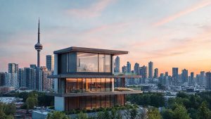 Modern house overlooking city skyline at sunset.
