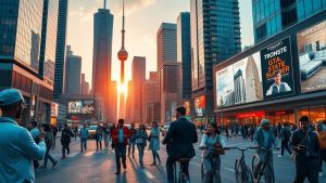 People walking and cycling in urban street at sunset.