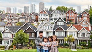 Smiling children in front of suburban houses