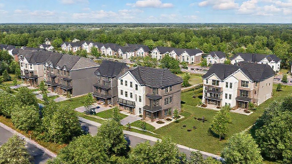 Aerial view of suburban housing development.