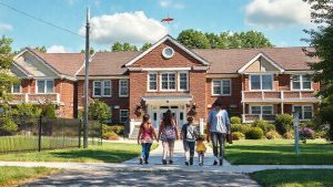 Family walking towards large brick house