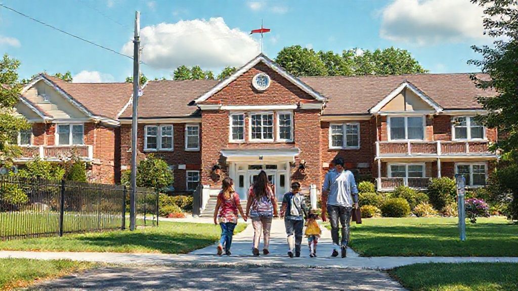 Family walking towards large brick house