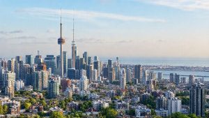Skyline with twin towers and waterfront view